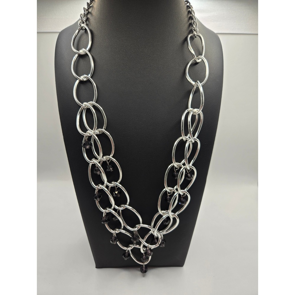 Uranium Glass Bead Silver Tone Multi Strand Chunky Link Statement Necklace UV